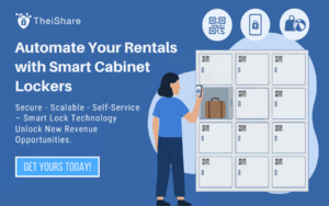 TheiShare smart cabinet lockers with QR codes, showcasing automated rental storage solutions.