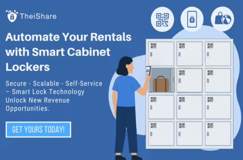 TheiShare smart cabinet lockers with QR codes, showcasing automated rental storage solutions.